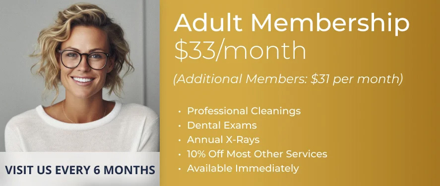 The image shows a promotional advertisement for an adult membership offer with a price of 31 per month, featuring a woman smiling at the camera and a yellow text overlay that includes information about the membership benefits such as additional members, dental exams, professional cleaning services, and other details.