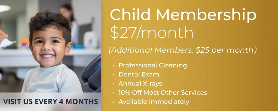 The image shows a promotional advertisement for a child membership program at a dental clinic, with a young child smiling in front of a sign that reads Child Membership 27 month.