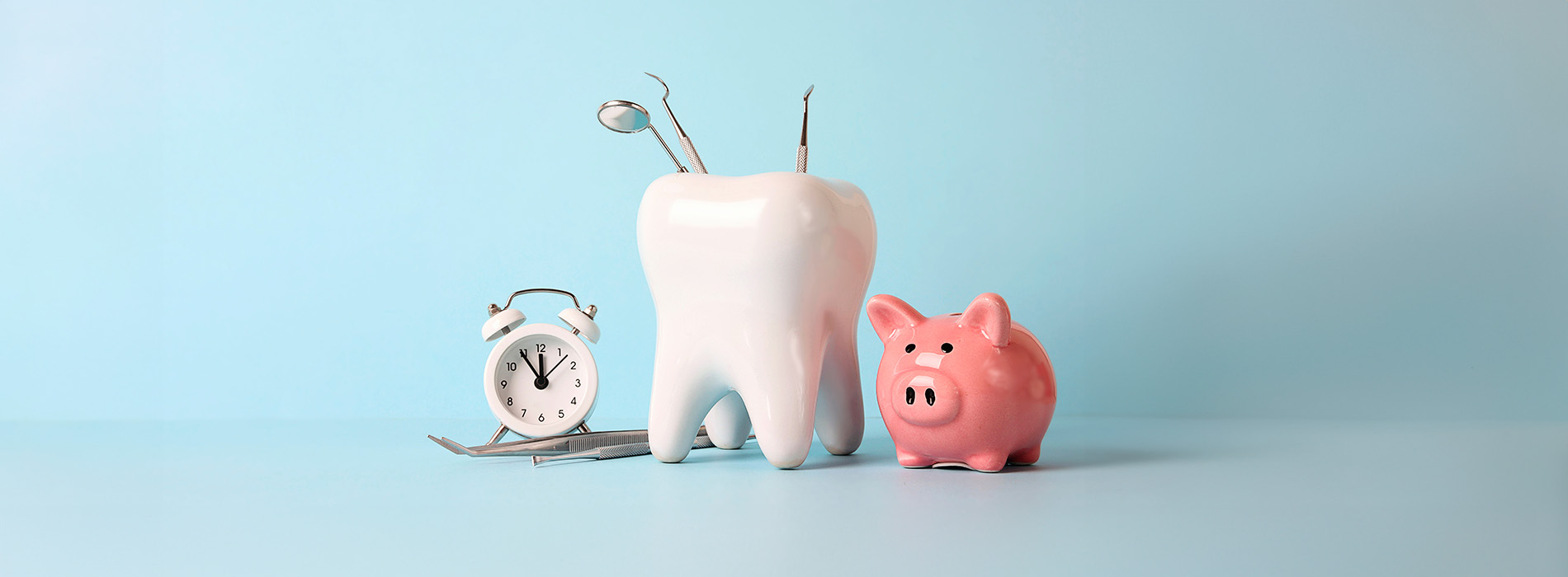 A playful scene with toothbrush and toothpaste characters, a piggy bank, and a clock on a blue background.