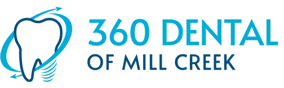 The image shows a logo with text that reads 360 Dental of All Creek and includes a graphic element resembling a toothbrush and teeth, set against a blue background with the phone number 567-890-1234 visible below the main text.