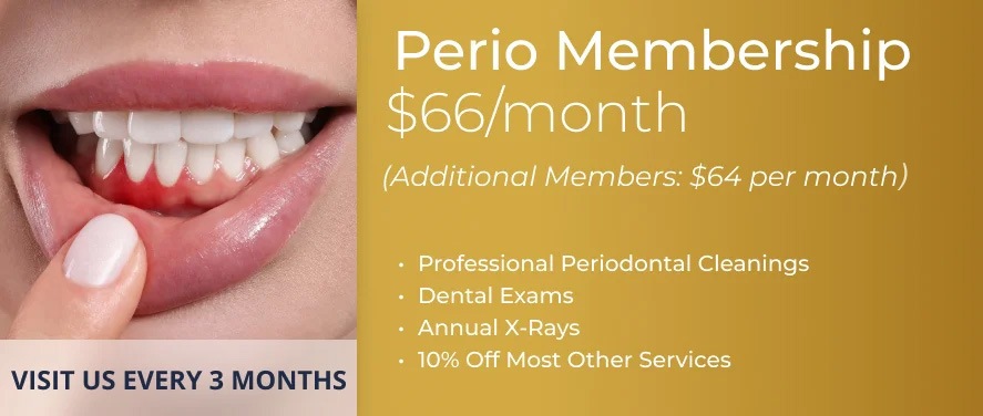 The image displays a dental advertisement with a person s teeth before and after treatment, featuring a Pero membership plan offering 69 per month for professional dental services including cleaning, exams, and dental insurance, with additional services and discounts available.