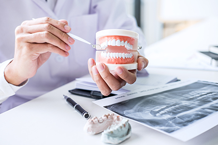 The image depicts two photographs of a dental professional examining a model of a human mouth with an open jaw, using a magnifying glass.